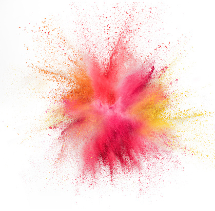 Yellow pink and red bomb. Explosion of colored, fluid and neoned powder on white studio background with copyspace. Trendy, modern colors. Festival, design, beauty concept. Splashing of colors.
