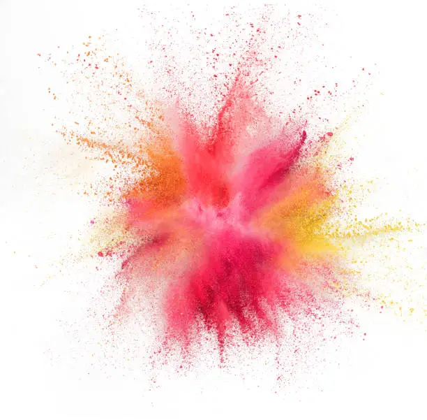 Photo of Explosion of colored, fluid and neoned powder on white studio background with copyspace