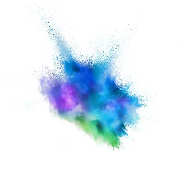 Photo of Explosion of colored, fluid and neoned powder on white studio background with copyspace