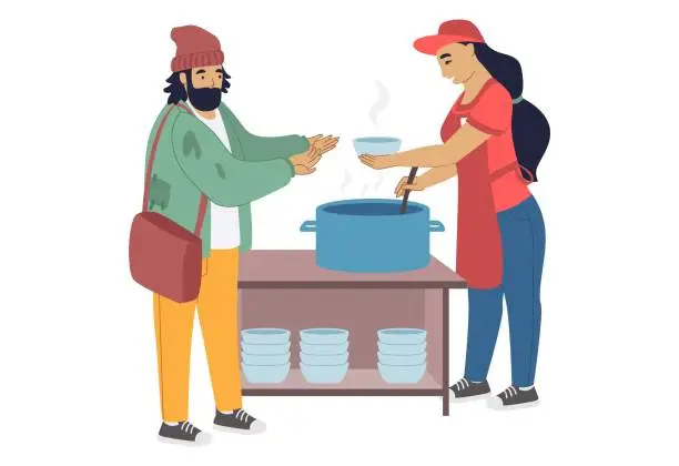 Vector illustration of Volunteer feeding homeless person, flat vector illustration. Care for homeless, volunteering and charity. Food aid.