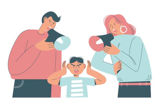 Angry dad and mom screaming through megaphones scolding his son, flat vector illustration. Parent and child conflict. Angry father and mother screaming through megaphones scolding his son, flat vector illustration. Parent and child conflict, relationship. parents-yelling-at-children stock illustrations