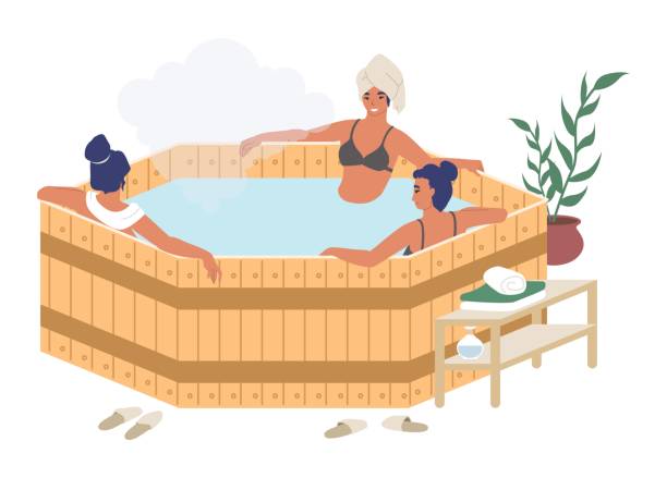 glückliche frauen genießen fass, japanische whirlpool-bad, flache vektor-illustration. spa-resort, sauna, badehaus-therapie. - whirlpool stock-grafiken, -clipart, -cartoons und -symbole