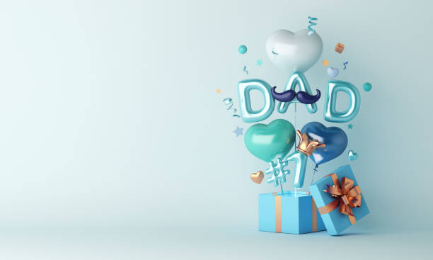 fondo de decoración feliz del día del padre con caja de regalo de globo, texto del espacio de copia, ilustración de representación 3d - day gift father fathers fotografías e imágenes de stock