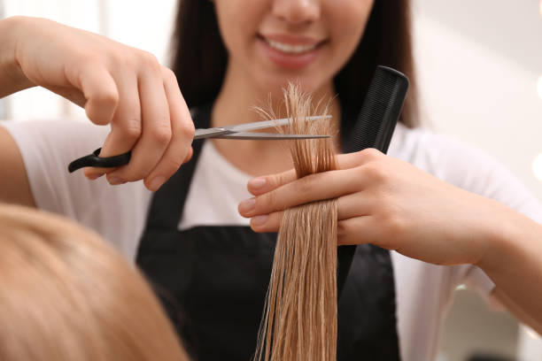 stylist cutting hair of client in professional salon, closeup - saç kesmek stok fotoğraflar ve resimler