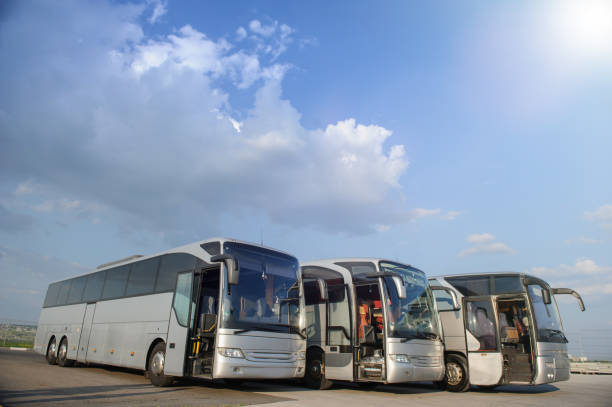 istock Three buses staying in the parking lot Front Way 1312265422