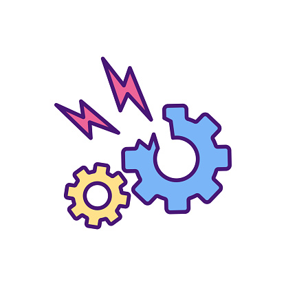 Faulty equipment RGB color icon. Malfunctioning items. Damaged mechanical, electronic products. Producing, manufacturing goods. Serious and painful injuries risk. Isolated vector illustration