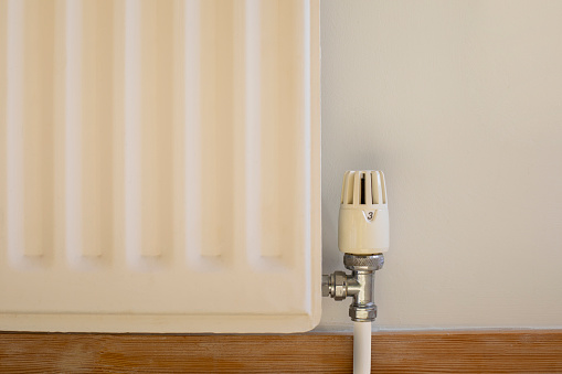 Front view of a radiator on the wall at a residential home in the NorthEast of England.