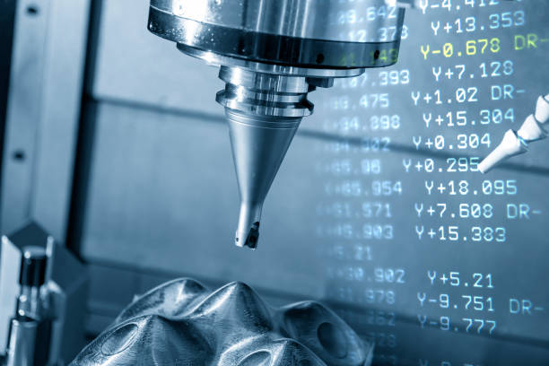 istock Abstract scene of CNC milling machine and G-code data background rough cutting the mold part. 1312266785
