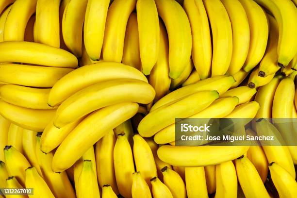 Background Of Many Banana Pieces Overhead View Studio Food Photography Stock Photo - Download Image Now