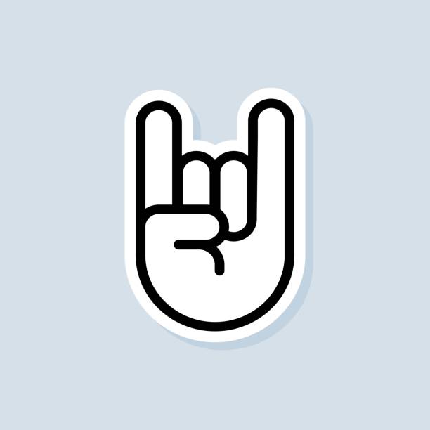 ilustraciones, imágenes clip art, dibujos animados e iconos de stock de pegatina de rock and roll. gesto de mano del ser humano. dos dedos levantados. vector sobre fondo blanco aislado. eps 10 - rock alternativo