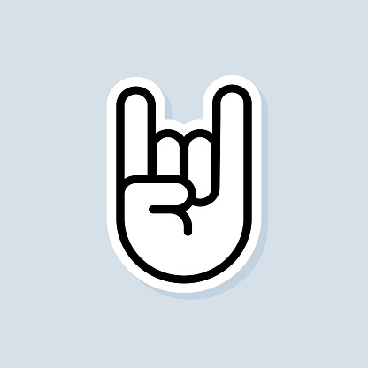 Rock and Roll sticker. Hand gesture of human. Two fingers raised up. Vector on isolated white background. EPS 10.