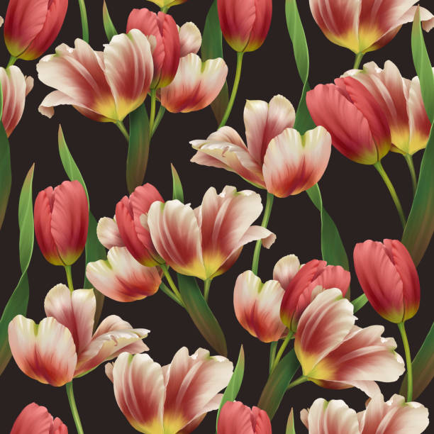istock Seamless pattern of realistic  tulips and green leaves on dark background 1312267934