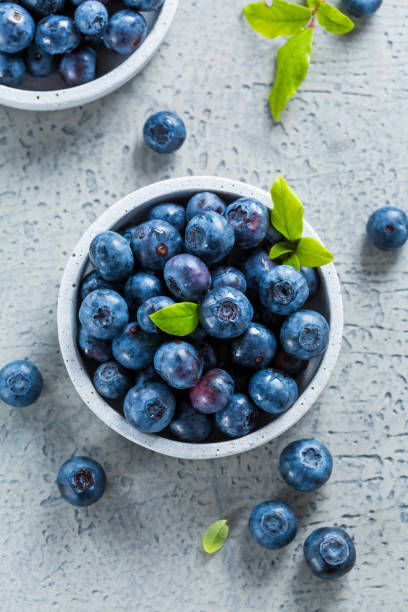 istock Fresh organic blueberries on stone background. 1312269747