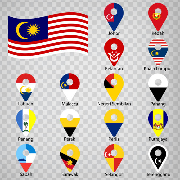 Sixteen flags the States of Malaysia-  alphabetical order with name.  Set of 2d geolocation signs like flags States of Malaysia.  Sixteen  2d geolocation signs for your design. EPS10 Sixteen flags the States of Malaysia-  alphabetical order with name.  Set of 2d geolocation signs like flags States of Malaysia.  Sixteen  2d geolocation signs for your design. EPS10 terengganu stock illustrations
