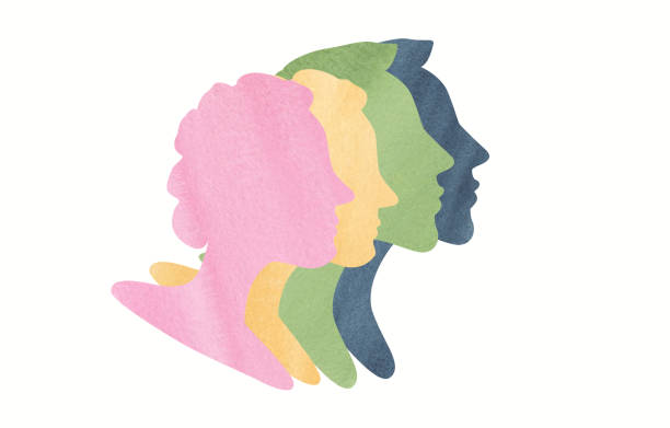 istock Group young people. Profile silhouette faces women and men watercolor illustration 1312269793