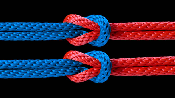 istock Knot being tied with blue and red ropes 1312271393