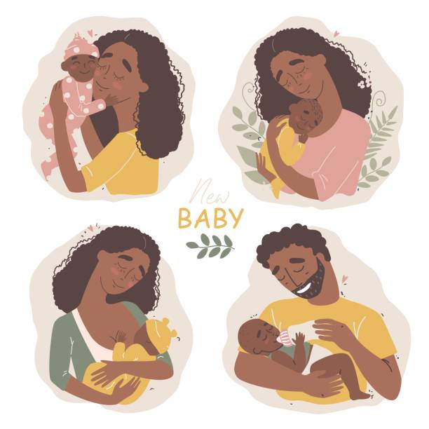 młody czarny afroamerykanin szczęśliwy rodzice przytulić ich nowo narodzone dziecko boho - baby mother nursery african ethnicity stock illustrations