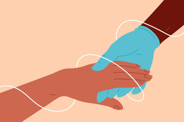 ilustrações de stock, clip art, desenhos animados e ícones de medical helping concept. two strong and brave nurse or patient hands holding together, allyship to support a world with universal healthcare, collaboration, racial equality. a thread binds the two parts. - dedication