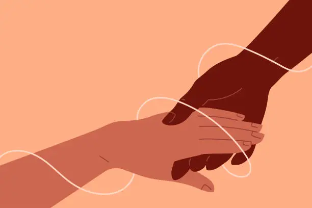 Vector illustration of Anti-racism helping concept. Two strong and brave hands holding together, allyship to support a world with more solidarity, equal justice and opportunity, collaboration, racial equality. A thread binds the two parts.