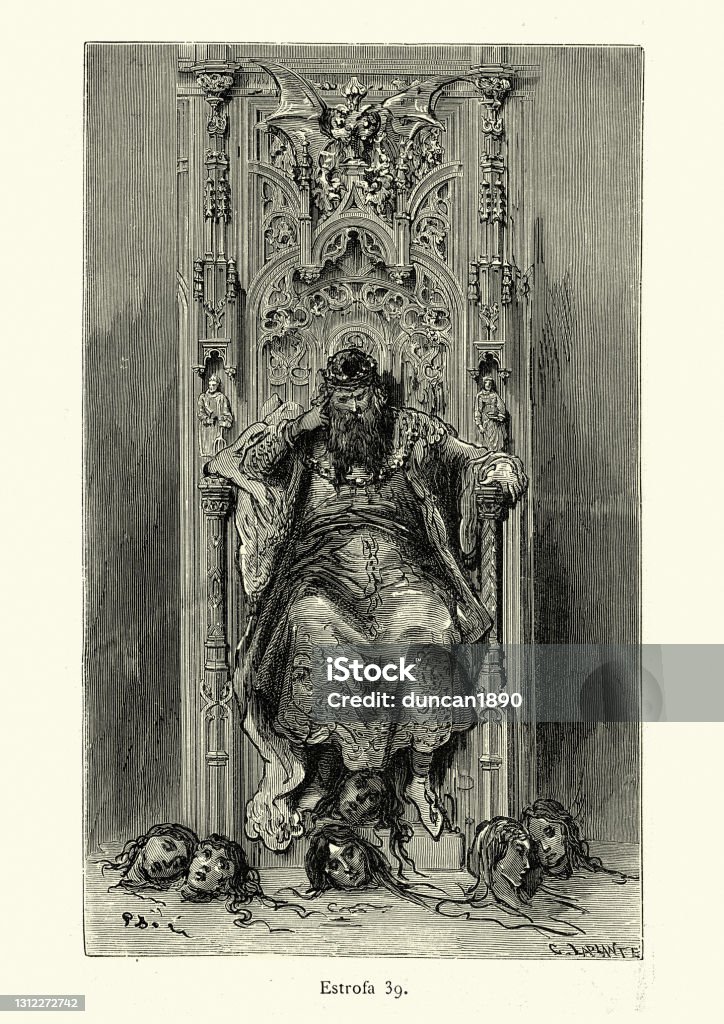Tyrant king sitting on throne, severed heads at his feet, Medieval Chivalric romance Vintage illustration of scene from Orlando Furioso illustrated by Gustave Dore. Medieval Chivalric romance. Tyrant king sitting on throne, severed heads at his feet Throne stock illustration