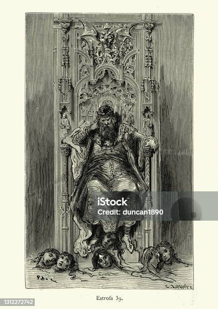 Tyrant King Sitting On Throne Severed Heads At His Feet Medieval Chivalric Romance Stock Illustration - Download Image Now