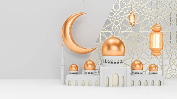 istock Mosque and candle lanterns with moon are hanging on clean white background with islamic ornament. Ramadan kareem template. 3d render illustration. 1312273331