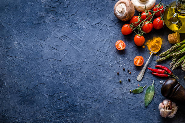 istock Healthy fresh cooking with copy space on a bluish background 1312273365