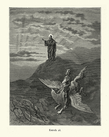 Vintage illustration of scene from Orlando Furioso illustrated by Gustave Dore. Medieval Chivalric romance. Jesus Christ guiding the knight Astolfo, riding a hippogriff
