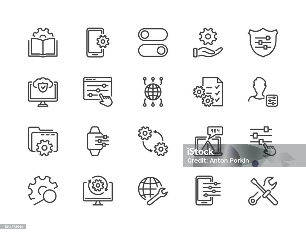 Ensemble simple de configuration, de réparation et de paramètres. Icônes gear, screwdriver et wrench line. Ensemble d’icônes de ligne Vector liées au support technique, aux paramètres et aux options. Course modifiable. Illustration vectorielle - clipart vectoriel de Icône libre de droits