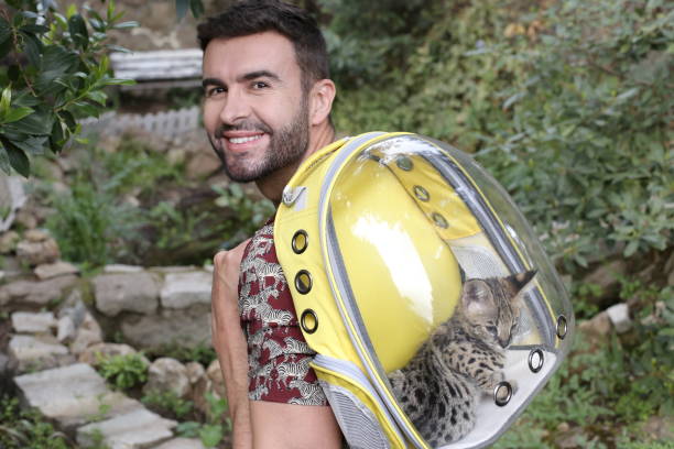 istock Man carrying cat in transparent backpack 1312275159