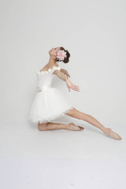 Professional ballerina in pink leotard dancing on white background. Copy space.