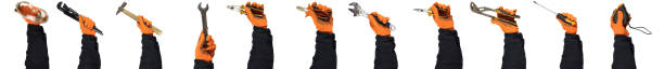 istock Collage, set of hands in special uniforms and gloves with different tools. isolated on white. The concept of repair, construction 1312277143