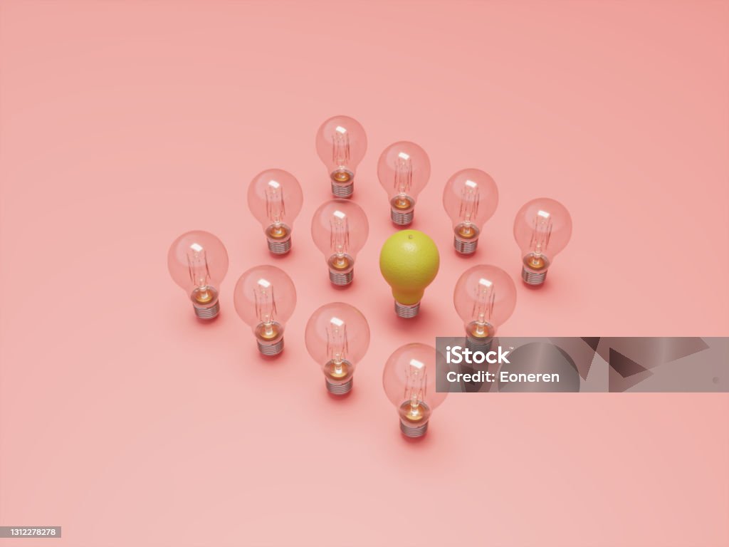 Different Light Bulb Pear shaped light bulb between the typical light bulbs.  (3d render) Innovation Stock Photo