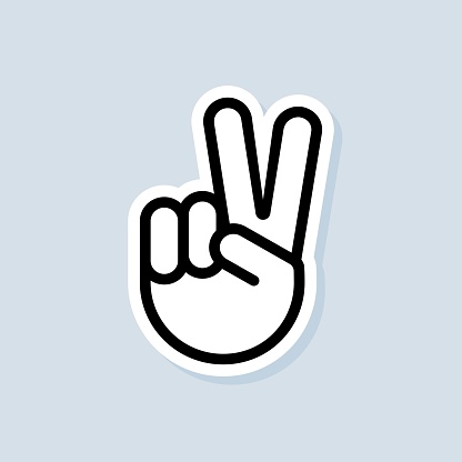 Victory sticker. Sign of victory or peace. Hand gesture of human. Two fingers raised up. Vector on isolated background. EPS 10.