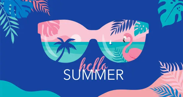 Vector illustration of Summer time fun concept design. Creative background of landscape, panorama of sea and beach on sunglasses. Summer sale, post template