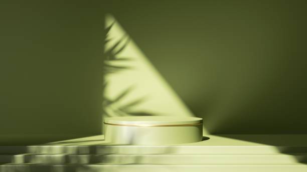 istock 3d render, abstract minimal green background. Empty stage with steps and cylinder podium, leaf shadows and bright sunlight going through triangular slot. Minimal showcase scene for product displaying 1312281201