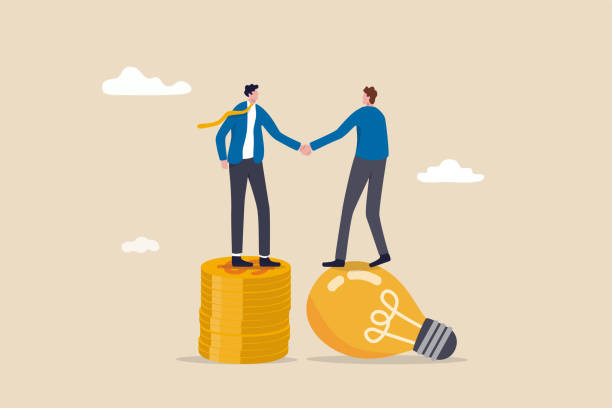 Idea pitching, fund raising and venture capital, selling business or merger agreement concept, entrepreneur businessman standing on lightbulb idea lamp shaking hands with VC on money coins stack. Idea pitching, fund raising and venture capital, selling business or merger agreement concept, entrepreneur businessman standing on lightbulb idea lamp shaking hands with VC on money coins stack. founder stock illustrations