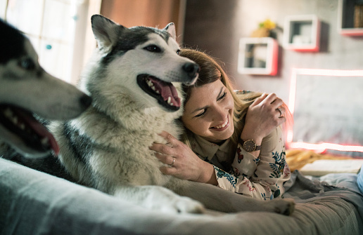 a young couple spends time at home with dogs
