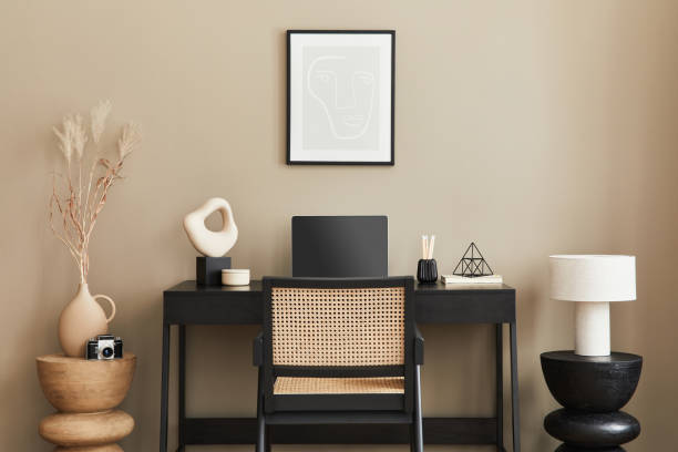 istock Stylish composition of home office interior and elegant office accessories. Template. 1312281381