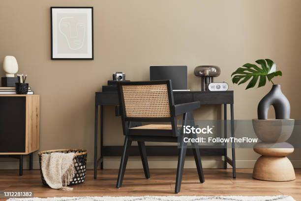 Stylish Composition Of Home Office Interior And Elegant Office Accessories Template Stock Photo - Download Image Now