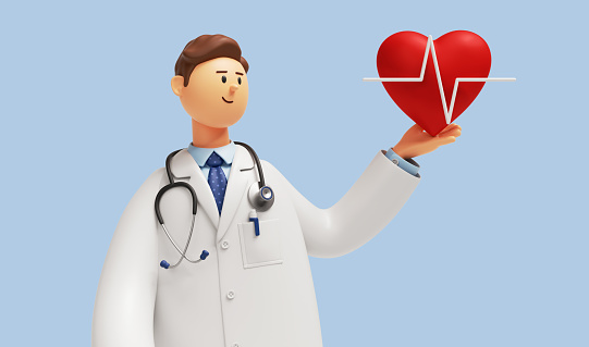 3d render. Cardiologist cartoon character shows red heart symbol. Clip art isolated on blue background. Medical application concept