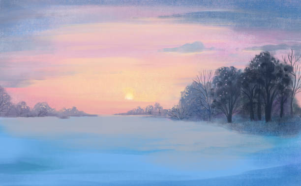 istock winter color hand-drawn bright multicolor winter landscape. The sky, trees and snow against the background of the dawn sky, or sunset. Peace and quiet 1312283370