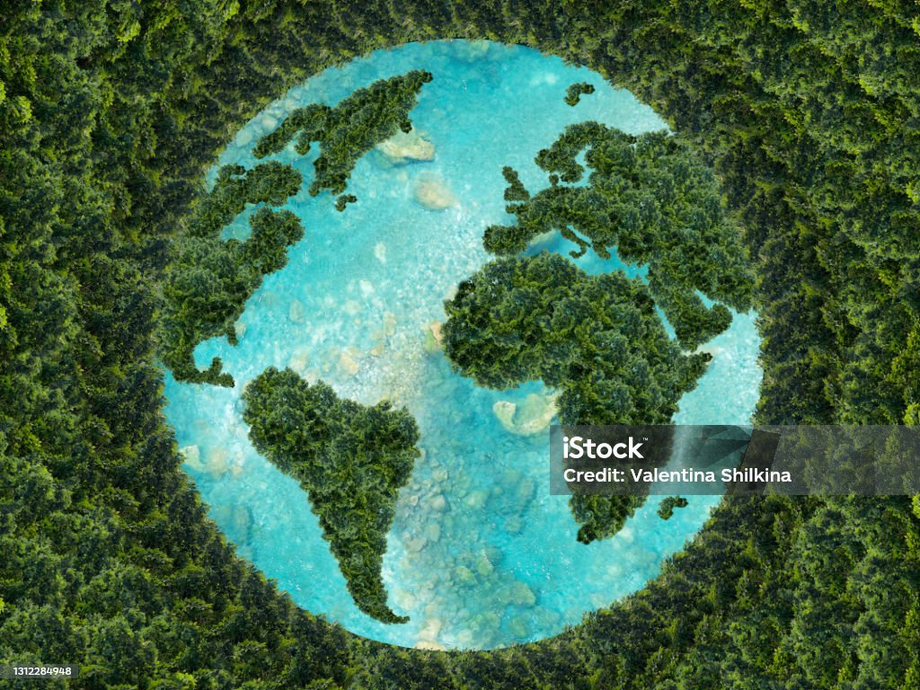 Planet earth on a green background. Planet earth on a green background. Green continents made from the crown of a tree. Clear azure water. The ecological concept of the survival of the planet. Sustainable Resources Stock Photo