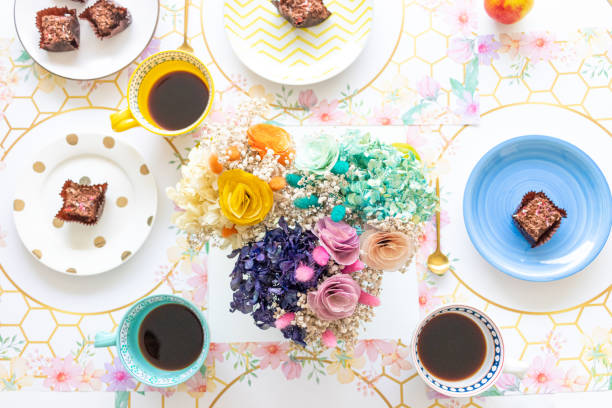 Table top view with sweet snack and coffee