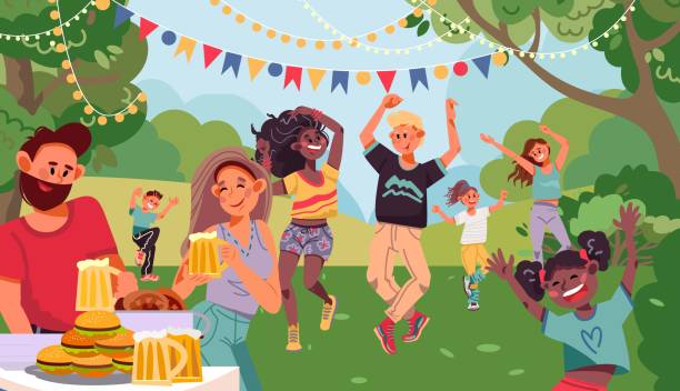 People on garden party. Drinking couple, retro dancing family evening with drink. Outdoor dance on backyard with barbecue vector illustration People on garden party. Drinking couple, retro dancing family evening with drink. Outdoor dance on backyard with barbecue vector illustration. Woman and man at party together, cheerful summer family fun stock illustrations