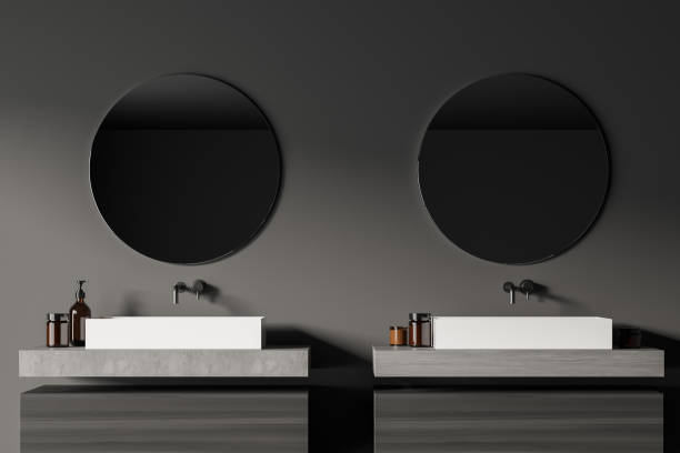 istock Front view close up of modern bathroom interior with two sinks and mirrors in eco minimalist style. No people. 3D Rendering. 1312289530
