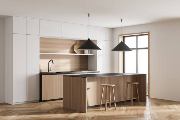 istock Corner view of bright kitchen room interior with dining table 1312289618