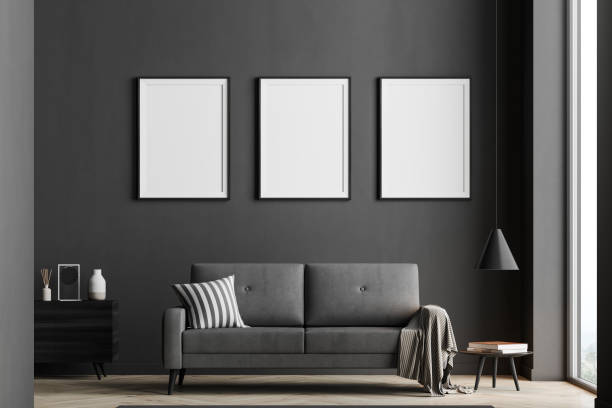 istock Living room interior with three poster, panoramic window and sofa 1312289676