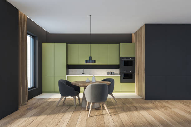 istock Living room interior with eating table and kitchen set 1312289890