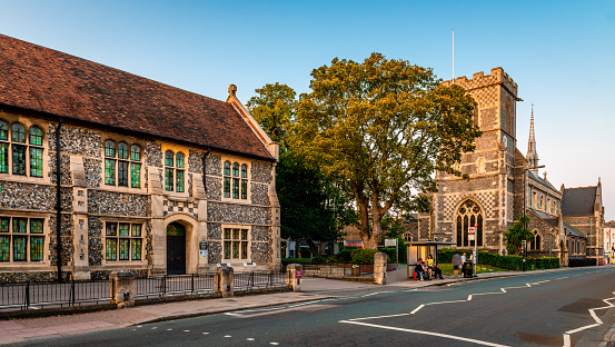 London / UK - August 27 2018: View of Wood St, in Chipping Barnet, with the St. John the Baptist Church and the Church House.